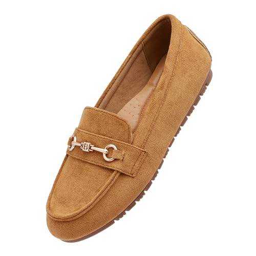 COOL COSER C Weite Loafers für Damen, leger, flacher Slipper, bequeme Penny-Loafers mit Fußgewölbeunterstützung, elegante Mokassins, Tan.suede, 43 EU von COOL COSER C