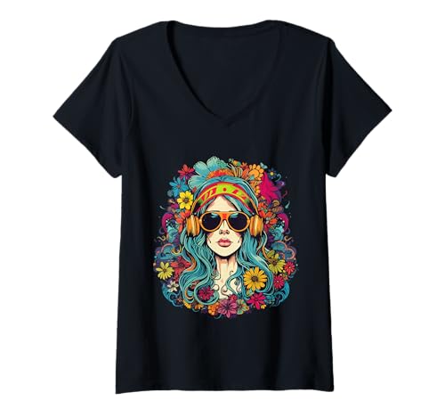 Damen Cooles Hippie-Design. Dame in Schattierungen, Bunte Blumen, lustiges Bild T-Shirt mit V-Ausschnitt Damen Cooles Hippie-Design. Dame in Schattierungen, Bunte Blumen, lustiges Bild T-Shirt mit V-Ausschnitt von COOL HIPPY DESIGN. LADY IN SHADES COLORFUL FLOWERS