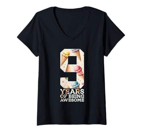 Damen 9 Years of Being Awesome EIS 9. Geburtstag T-Shirt mit V-Ausschnitt von COOL KIDS BIRTHDAY DESIGNS AND OUTFITS