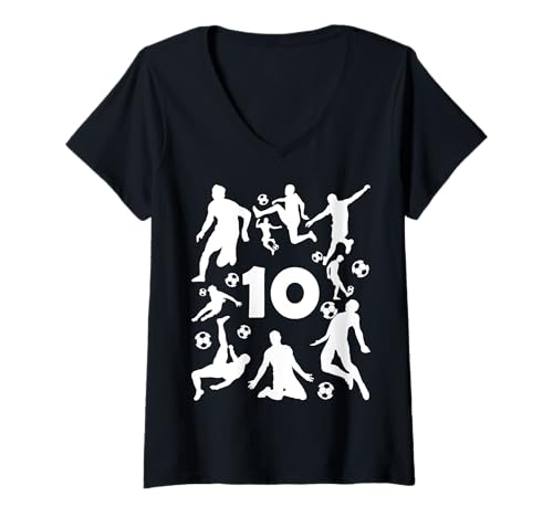Damen NUMMER 10 JAHRE FUßBALL 10. GEBURTSTAG T-Shirt mit V-Ausschnitt von COOL SOCCER DESIGNS AND OUTFITS
