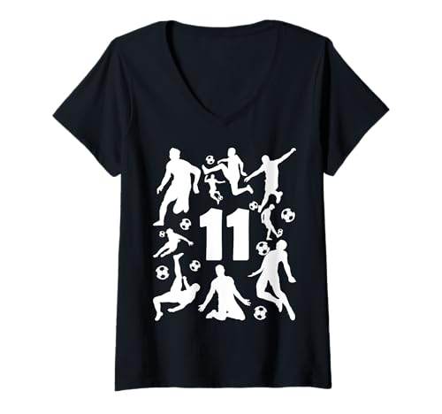 Damen NUMMER 11 JAHRE FUßBALL 11. GEBURTSTAG T-Shirt mit V-Ausschnitt von COOL SOCCER DESIGNS AND OUTFITS