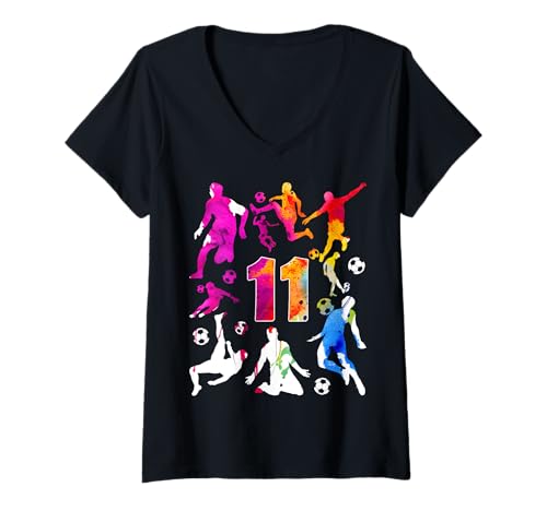 Damen NUMMER 11 JAHRE FUßBALL 11. GEBURTSTAG T-Shirt mit V-Ausschnitt von COOL SOCCER DESIGNS AND OUTFITS
