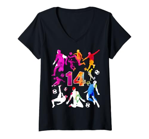 Damen NUMMER 14 JAHRE FUßBALL 14. GEBURTSTAG T-Shirt mit V-Ausschnitt von COOL SOCCER DESIGNS AND OUTFITS
