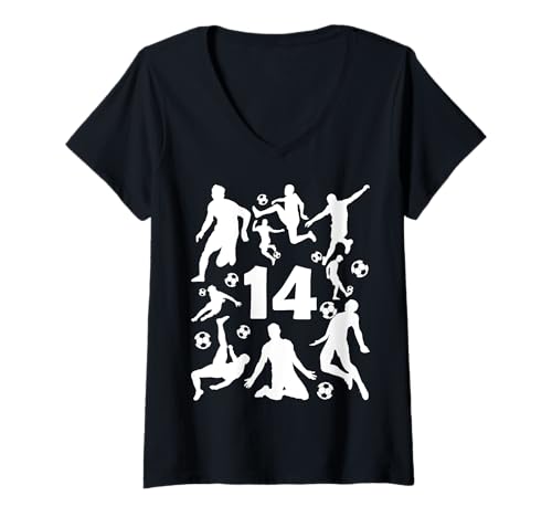 Damen NUMMER 14 JAHRE FUßBALL 14. GEBURTSTAG T-Shirt mit V-Ausschnitt von COOL SOCCER DESIGNS AND OUTFITS