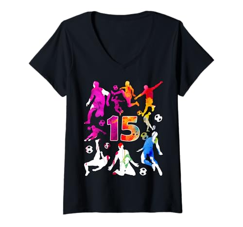 Damen NUMMER 15 JAHRE FUßBALL 15. GEBURTSTAG T-Shirt mit V-Ausschnitt von COOL SOCCER DESIGNS AND OUTFITS