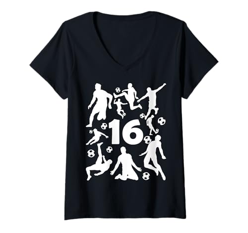 Damen NUMMER 16 JAHRE FUßBALL 16. GEBURTSTAG T-Shirt mit V-Ausschnitt von COOL SOCCER DESIGNS AND OUTFITS