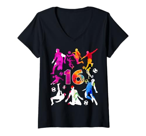 Damen NUMMER 16 JAHRE FUßBALL 16. GEBURTSTAG T-Shirt mit V-Ausschnitt von COOL SOCCER DESIGNS AND OUTFITS