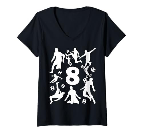 Damen NUMMER 8 JAHRE FUßBALL 8. GEBURTSTAG T-Shirt mit V-Ausschnitt von COOL SOCCER DESIGNS AND OUTFITS