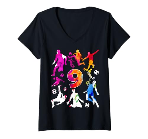 Damen NUMMER 9 JAHRE FUßBALL 9. GEBURTSTAG T-Shirt mit V-Ausschnitt von COOL SOCCER DESIGNS AND OUTFITS
