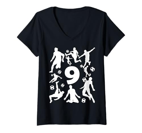 Damen NUMMER 9 JAHRE FUßBALL 9. GEBURTSTAG T-Shirt mit V-Ausschnitt von COOL SOCCER DESIGNS AND OUTFITS