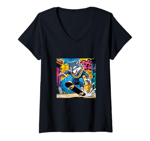 Damen Cooles Wolf Design. Wolf AUF EINEM Skateboard, Kette Graffiti Fun T-Shirt mit V-Ausschnitt von COOL WOLF DESIGN. WOLF ON A SKATE BOARD. COOL WOLF