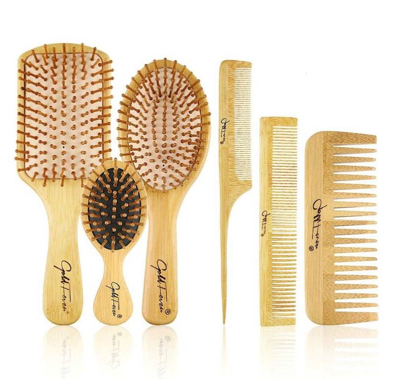 COOL-i ® Haarbürsten-Set Bambus Haarbürste 6-in-1,reduziert Frizz, massiert die Kopfhaut., Umweltfreundlich, mit Naturborsten von COOL-i ®
