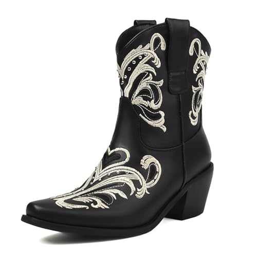 COOLCEPT Damen Ankle Cowboy Stiefel Snip Toe Embroidered Western Stiefel Schlupf Tabs Kurzschaft Cowgirl Stiefel Black Große 46 von COOLCEPT
