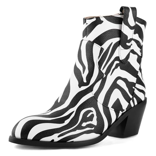 COOLCEPT Damen Cowboy Knöchel Stiefel Cow Print Kurzschaft Stiefel Chunky Heel Western Cowgirl Stiefel Reißverschluss Weitschaft Stiefeletten Black Große 41 von COOLCEPT