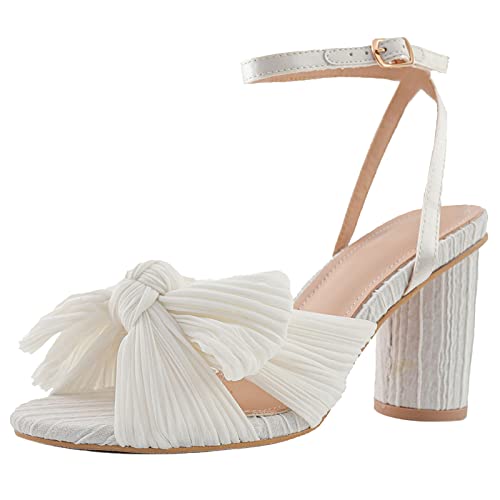 COOLCEPT Damen Elegant Pleated Bogen Braut Sandalen Höhen Blockabsatz Hochzeit Schuhe Knöchelriemchen Beige Große 36 von COOLCEPT