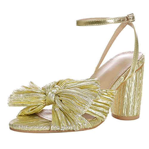 COOLCEPT Damen Elegant Pleated Bogen Braut Sandalen Höhen Blockabsatz Hochzeit Schuhe Knöchelriemchen Gold Große 37 von COOLCEPT