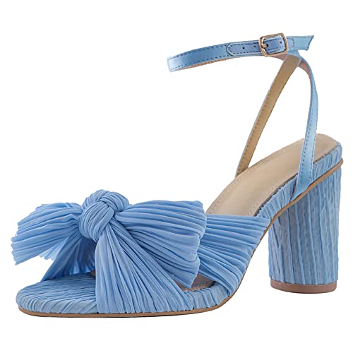 COOLCEPT Damen Elegant Pleated Bogen Braut Sandalen Höhen Blockabsatz Hochzeit Schuhe Knöchelriemchen Lightblue Große 39 von COOLCEPT