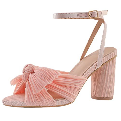 COOLCEPT Damen Elegant Pleated Bogen Braut Sandalen Höhen Blockabsatz Hochzeit Schuhe Knöchelriemchen Pink Große 39 von COOLCEPT