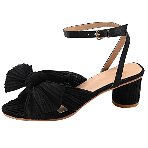 COOLCEPT Damen Elegant Pleated Bogen Braut Sandalen Mitte Blockabsatz Hochzeit Schuhe Knöchelriemchen Black Große 39 von COOLCEPT