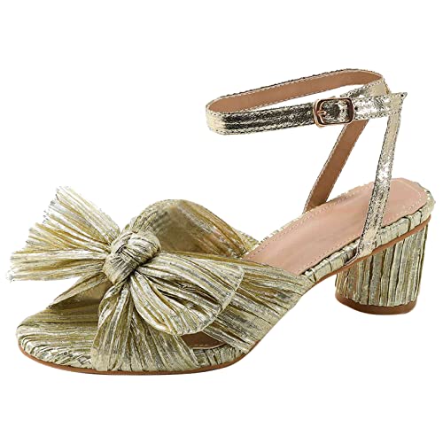 COOLCEPT Damen Elegant Pleated Bogen Braut Sandalen Mitte Blockabsatz Hochzeit Schuhe Knöchelriemchen Gold Große 39 von COOLCEPT