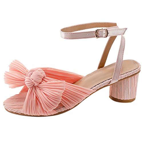 COOLCEPT Damen Elegant Pleated Bogen Braut Sandalen Mitte Blockabsatz Hochzeit Schuhe Knöchelriemchen Pink Große 39 von COOLCEPT