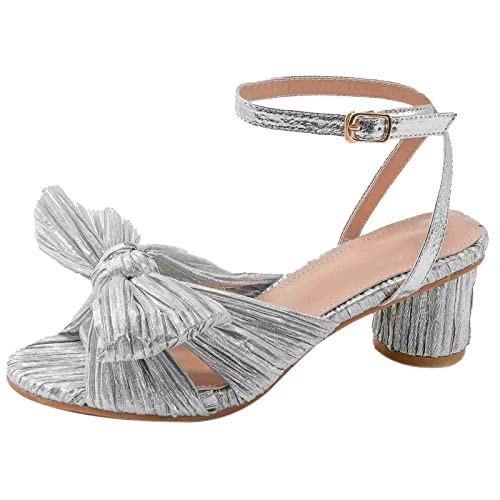 COOLCEPT Damen Elegant Pleated Bogen Braut Sandalen Mitte Blockabsatz Hochzeit Schuhe Knöchelriemchen Silver Große 43 von COOLCEPT