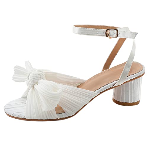 COOLCEPT Damen Elegant Pleated Bogen Braut Sandalen Mitte Blockabsatz Hochzeit Schuhe Knöchelriemchen White Große 36 von COOLCEPT