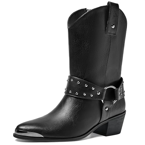 COOLCEPT Damen Harness Cowboy Stiefel Steel Toe Blockabsatz Cowgirl Stiefel Studded Motorradstiefel Reißverschluss Black Große 41 von COOLCEPT