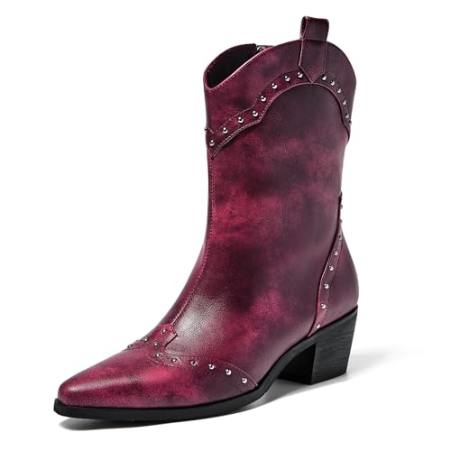 COOLCEPT Damen Knöchel Cowboy Stiefel Snip Toe Blockabsatz Western Stiefel Vintage Stiefeletten Reißverschluss Claret Große 41 von COOLCEPT