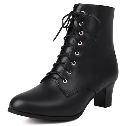 COOLCEPT Damen Vintage Viktorianisch Stiefel Schnüren Blockabsatz Ankle Stiefel 70s Steampunk Stiefeletten Reißverschluss Black Große 40 von COOLCEPT