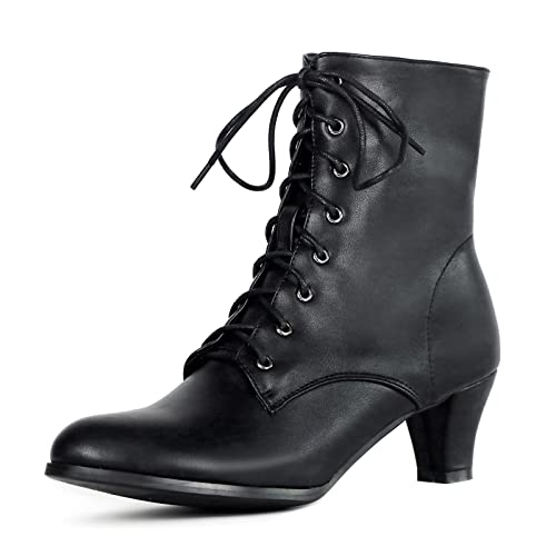 COOLCEPT Damen Vintage Viktorianisch Stiefel Schnüren Ankle Stiefel Almond Toe Mid Heel Steampunk Stiefeletten Reißverschluss Black Große 34 von COOLCEPT