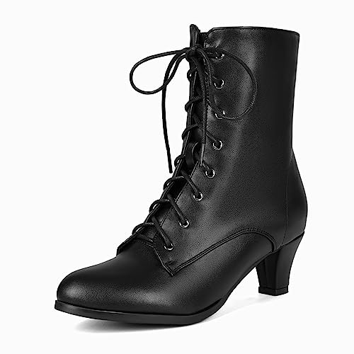 COOLCEPT Damen Vintage Viktorianisch Stiefel Schnüren Ankle Stiefel Almond Toe Mid Heel Steampunk Stiefeletten Reißverschluss Black Große 44 von COOLCEPT