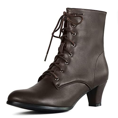 COOLCEPT Damen Vintage Viktorianisch Stiefel Schnüren Ankle Stiefel Almond Toe Mid Heel Steampunk Stiefeletten Reißverschluss Brown Große 37 von COOLCEPT