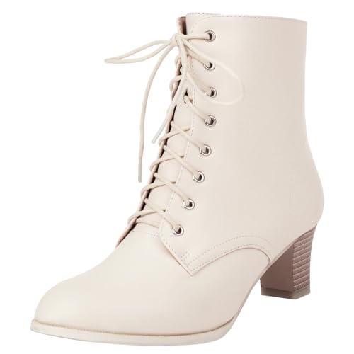 COOLCEPT Damen Vintage Viktorianisch Stiefel Schnüren Blockabsatz Ankle Stiefel 70s Steampunk Stiefeletten Reißverschluss Beige Große 41 von COOLCEPT