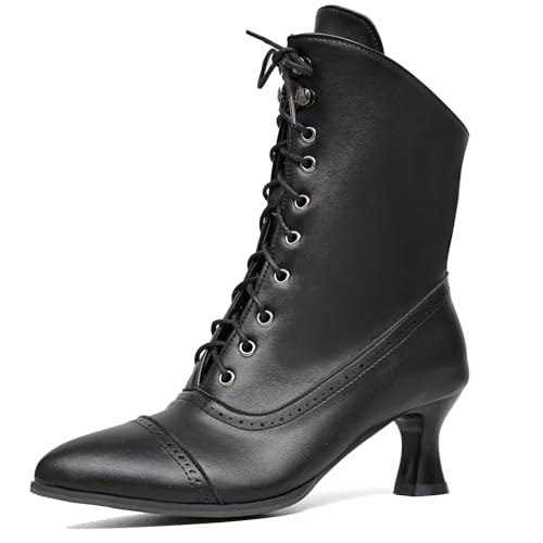 COOLCEPT Damen Vintage Viktorianische Stiefel 70s Reißverschluss Louis Heel Stiefelettens Black Große 37 von COOLCEPT