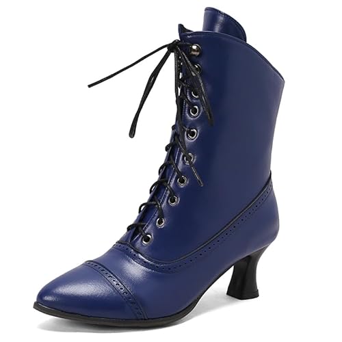 COOLCEPT Damen Vintage Viktorianische Stiefel 70s Reißverschluss Louis Heel Stiefelettens Blue Große 43 von COOLCEPT