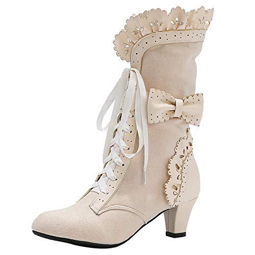 COOLCEPT Damen Vintage Viktorianische Stiefel Schnüren Bogen Mitte Blockabsatz Steampunk Stiefel Beige Große 37 von COOLCEPT