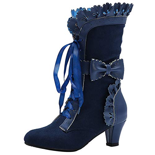 COOLCEPT Damen Vintage Viktorianische Stiefel Schnüren Bogen Mitte Blockabsatz Steampunk Stiefel Blue Große 35 von COOLCEPT