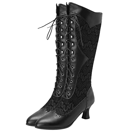 COOLCEPT Damen Vintage Viktorianische Stiefel Schnüren Kniehoch Stiefel Almond Toe Black Große 34 von COOLCEPT