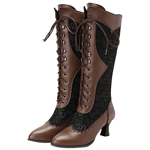 COOLCEPT Damen Vintage Viktorianische Stiefel Schnüren Kniehoch Stiefel Almond Toe Brown Große 35 von COOLCEPT