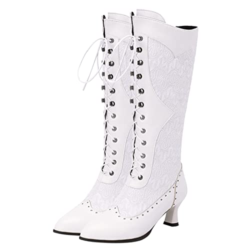 COOLCEPT Damen Vintage Viktorianische Stiefel Schnüren Kniehoch Stiefel Almond Toe White Große 36 von COOLCEPT