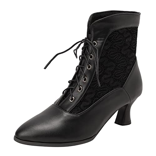 COOLCEPT Damen Vintage Viktorianische Stiefel Schnüren Knöchel Stiefel Almond Toe Black Große 32 von COOLCEPT