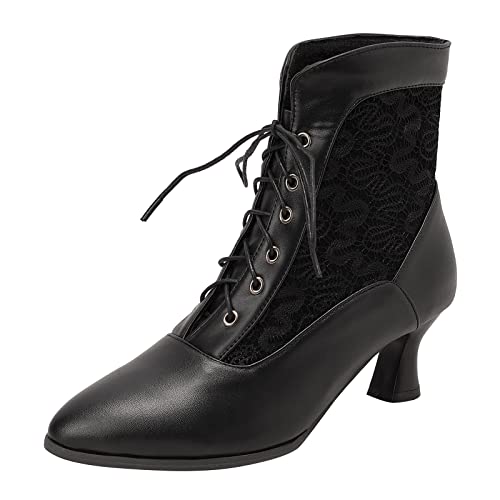 COOLCEPT Damen Vintage Viktorianische Stiefel Schnüren Knöchel Stiefel Almond Toe Black Große 45 von COOLCEPT