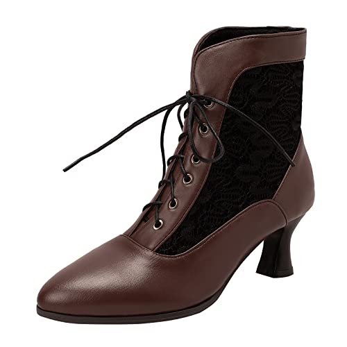COOLCEPT Damen Vintage Viktorianische Stiefel Schnüren Knöchel Stiefel Almond Toe Brown Große 42 von COOLCEPT