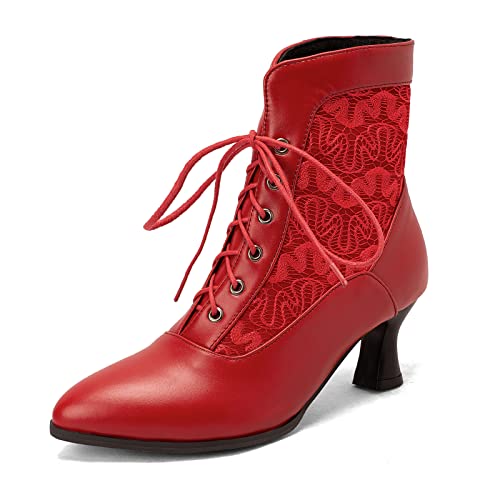 COOLCEPT Damen Vintage Viktorianische Stiefel Schnüren Knöchel Stiefel Almond Toe Red Große 36 von COOLCEPT