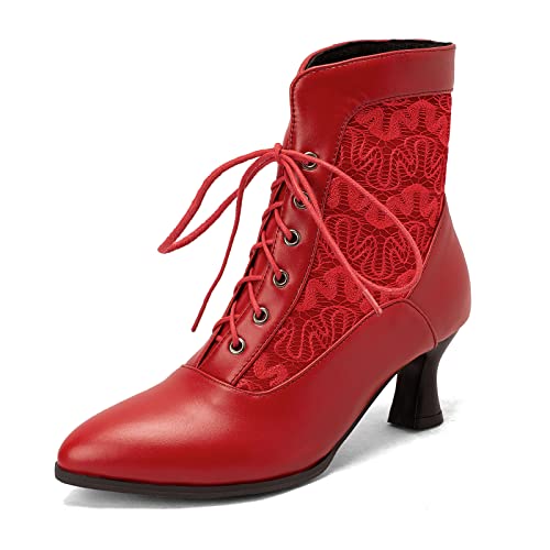 COOLCEPT Damen Vintage Viktorianische Stiefel Schnüren Knöchel Stiefel Almond Toe Red Große 42 von COOLCEPT
