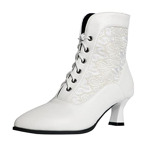 COOLCEPT Damen Vintage Viktorianische Stiefel Schnüren Knöchel Stiefel Almond Toe White Große 35 von COOLCEPT