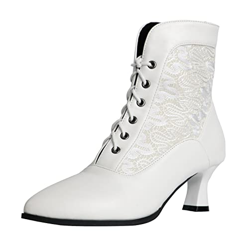 COOLCEPT Damen Vintage Viktorianische Stiefel Schnüren Knöchel Stiefel Almond Toe White Große 39 von COOLCEPT