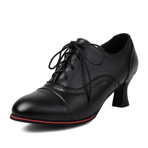 COOLCEPT Damen Vintage Wingtip Oxford Schuhe Perforated Schnüren Kitten Heel Schuhe mit Absatz Formal Business Low Top Stiefeletten Black Große 48 von COOLCEPT