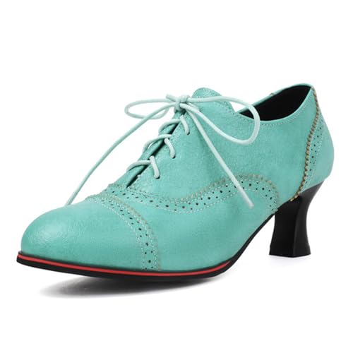 COOLCEPT Damen Vintage Wingtip Oxford Schuhe Perforated Schnüren Kitten Heel Schuhe mit Absatz Formal Business Low Top Stiefeletten Blue Große 40 von COOLCEPT